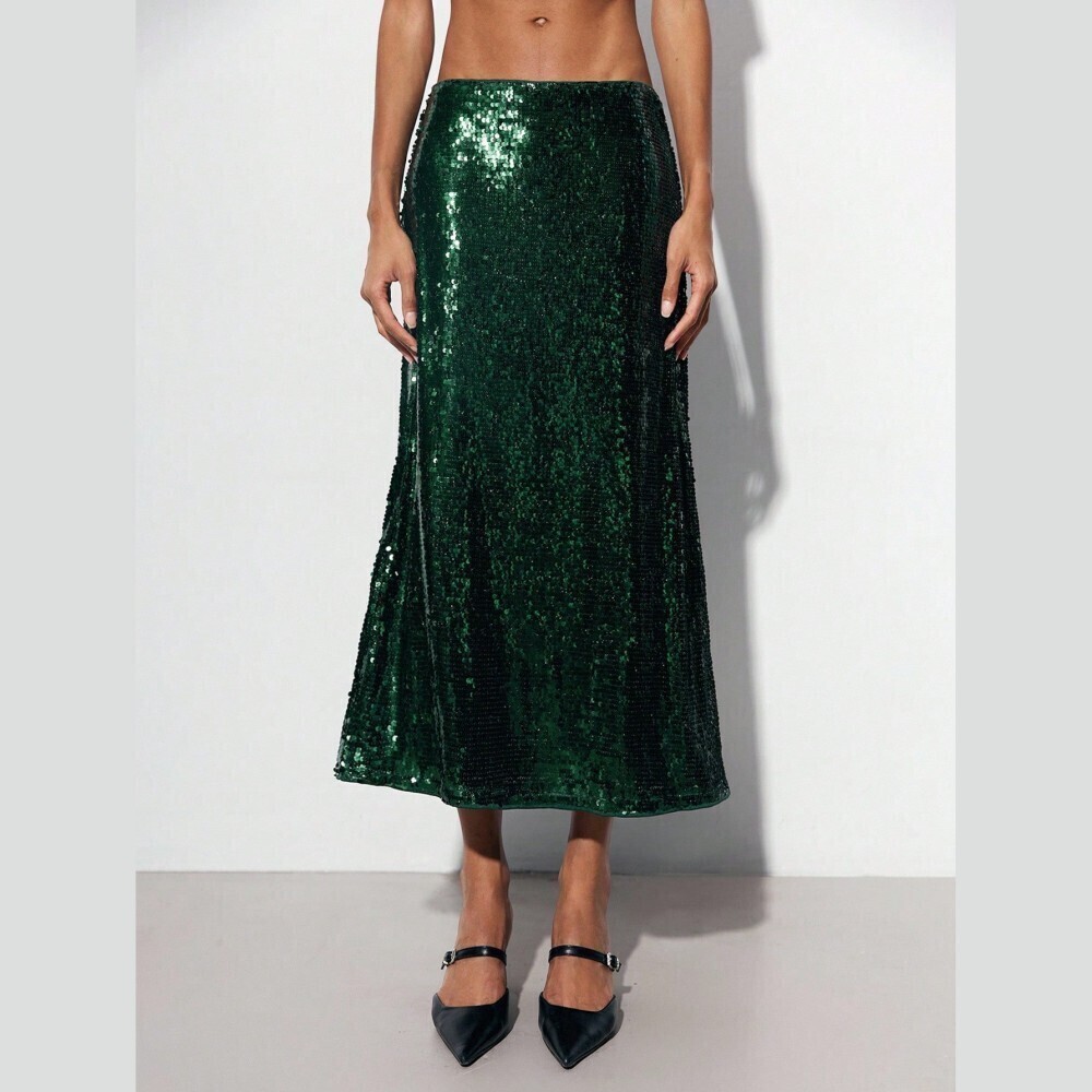 Dark Emerald Green Sequin Midi Skirt